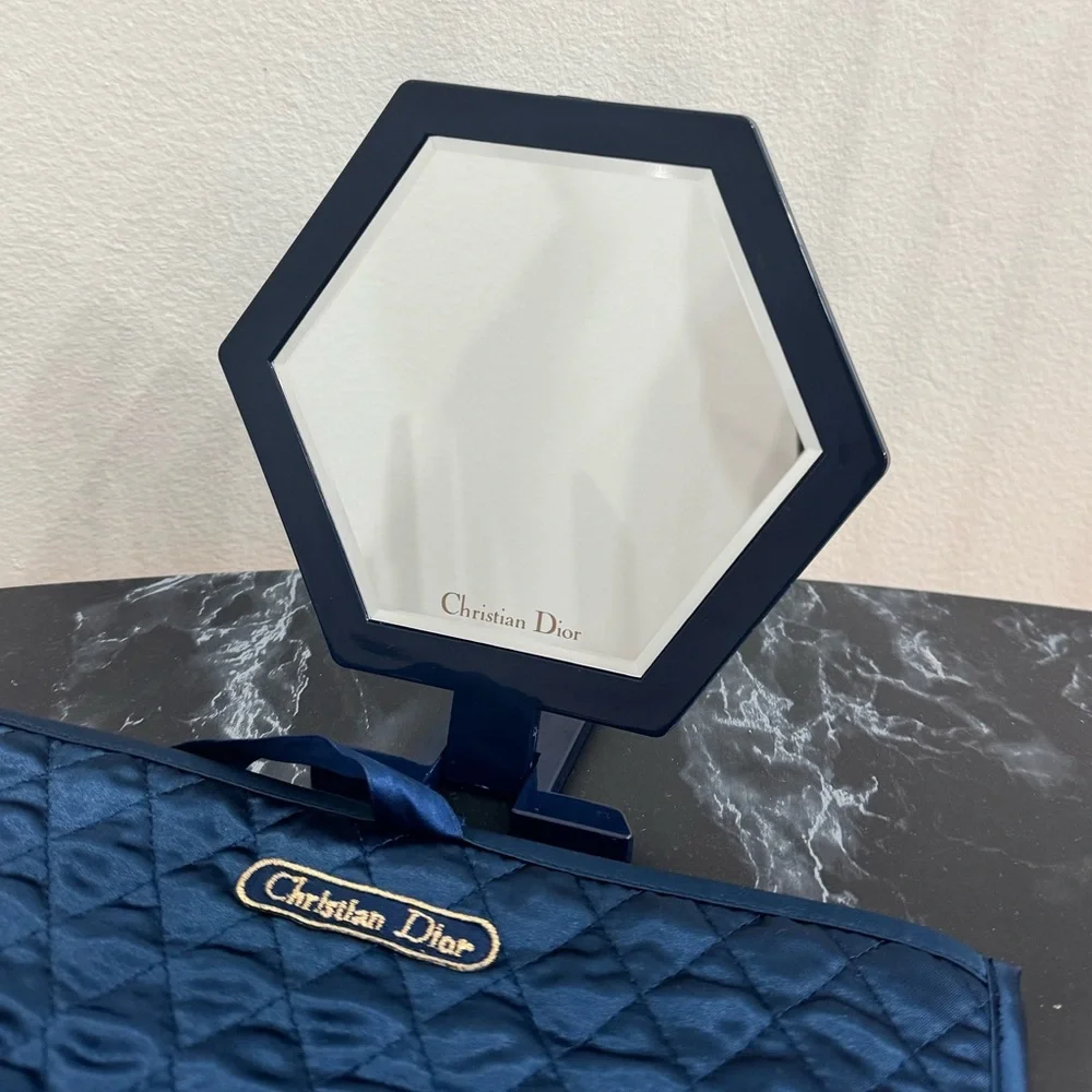 Christian Dior Quilted Makeup Pouch & Mirror Set in Navy Blue AUTHENTIC Like New
